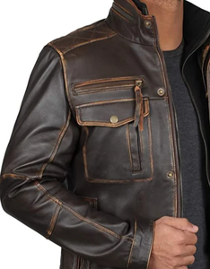 2024 <b>Men's</b> Stand Collar Classic Motorcycle Style Black Leather <b>Jacket</b> with Distressed Brown Cowhide Customizable Breathable - Product Image 4