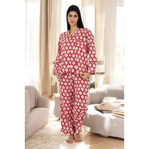 Conjunto de Pijama de Algodón para Mujer, Ropa de Dormir Cómoda para Verano con Estampado de Hojas Rojas y Blancas y Animales, Cierre de Botones, Ropa para el Hogar ODM - Product Image 1