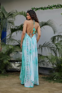 Verano tendencia caliente mujeres rayón Tie Dye largo vestido sin espalda niñas desgaste sin mangas cuello en V espagueti largo Maxi vestido - Product Image 3