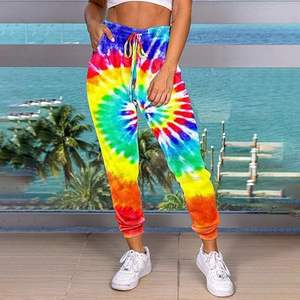 Pantalon de survêtement pour femme à taille haute, tie-dye, en tricot doux, léger, streetwear, imperméable, respirant, coupe-vent, avec cordon de serrage à l'avant - Product Image 1