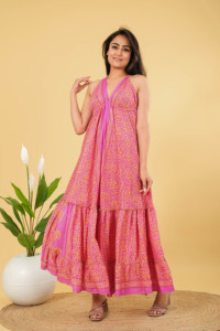 Indian Handmade <b>Silk</b> Floral Printed Floor-Length V-neck Formal Party Halter <b>Dress</b> Summer Women's - Product Image 3