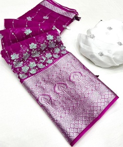 Bollywood hermoso Sari de seda de organza suave con borde elegante y blusa de trabajo completamente bordada ropa india y paquistaní - Product Image 5