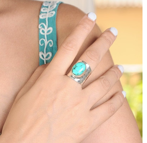 Turquoise Band <b>Ring</b> 925 Sterling <b>Silver</b> Statement <b>Ring</b> Big Stone Gemstone <b>Chunky</b> Cocktail Bohemian Fine Jewelry - Product Image 2