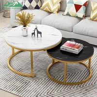 Ensemble de tables basses modernes en marbre avec base en métal doré pour salon