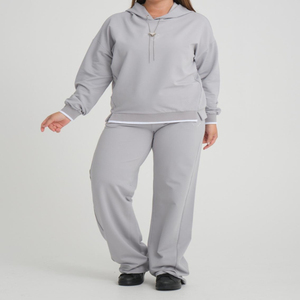 Ensemble de survêtement décontracté à capuche pour femmes grande taille, hiver, gris, mélange polyester/coton, respirant, taille élastique, technique lavée - Product Image 1