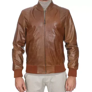 Chaqueta de bombardero de cuero marrón de fabricación de calidad superior de Pakistán Chaqueta de cuero de hombre bruñido de piel de cordero Premium para hombre - Product Image 4