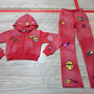 High Quality Custom Logo Printed Casual Sweatpants and <b>Zip</b>-Up Hoodie Set Sun Fade Wash Vintage <b>Jogger</b> Sweatsuit Unisex - Product Image 1