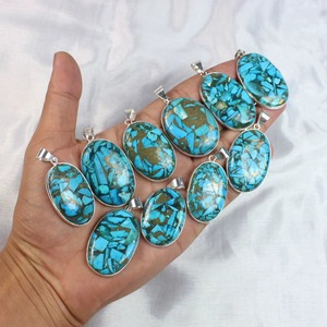 Meilleure vente cuivre Turquoise pierres précieuses lunette pendentif argent plaqué collier Style bohème unisexe mode féminine - Product Image 4