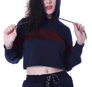 เสื้อครอปแบบสวมหัวมีฮู้ดดีไซน์ใหม่ล่าสุดสำหรับผู้หญิงเสื้อครอปทรงสลิมฟิตแบบลำลองสำหรับใส่เล่นกีฬาพร้อมบล็อคสีและปกเสื้อมีฮู้ดที่นูรัค - Product Image 6