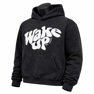 เสื้อฮู้ดผู้ชายสีดำ Wake up Inc แขนยาว ผ้าฟลีซคอตตอน พิมพ์ลายโลโก้ด้านหน้า ระบายอากาศได้ดี น้ำหนัก 300 กรัม สไตล์ฤดูหนาว - Product Image 1