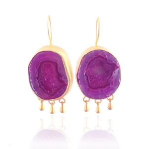 Genuine purple crystal free form geode druzy with tiny drop charms hook earring metal brass matte finish gold plated earrings