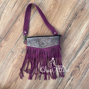 New Hand Tooled & <b>Genuine</b> Suede Leather Bohemian Small Fringe Crossbody Bag for Women's Western <b>Genuine</b> Leather Floral Handbags - Product Image 1
