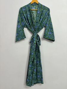 Robe Kimono en coton indien imprimé feuilles fait à la main Robe de demoiselle d'honneur bleue été léger longueur au sol couverture de plage robes décontractées - Product Image 6