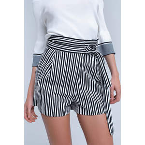 Shorts a Rayas Negros de Cintura Alta con Cinturón, Talla Grande, Estilo Casual para Club, de Algodón, Poliéster y Spandex, con Diseño Moderno y Decoración con Logotipo - Product Image 2