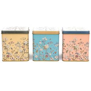 <b>Square</b> Metal Storage Box <b>Set</b> 120x120 (3 Pcs ) Floral Design Pastel Blue Botanica Design - Product Image 1