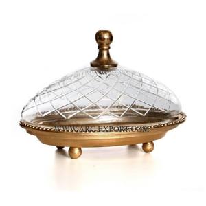 Support de serveur de gâteau en métal poli or de meilleure qualité avec couvercles en verre martelé Conception admirable Support de dôme de gâteau rond de grande taille - Product Image 6