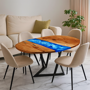 Table à manger rectangulaire moderne en bois d'acacia avec dessus en résine époxy artisanale de luxe bleue, imperméable, pour salon, couleur personnalisable - Product Image 1