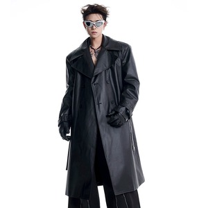 Custom <b>Men's</b> High Street Solid Color <b>Long</b> Sleeve Trench <b>Coat</b> Stand Niche Shoulder <b>Pad</b> Silhouette Genuine Leather Darkwear Lace - Product Image 2