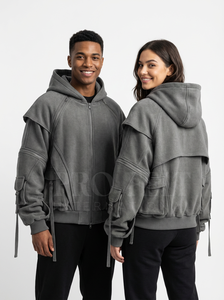 Sweat à capuche personnalisé avec logo imprimé en relief, fermeture éclair sur le devant, poches cargo, sweat à capuche décontracté avec cordon de serrage réglable - Product Image 4