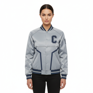 Chaqueta Bomber Casual de Satén para Mujer, con Bordado, Cierre de Botones Cubiertos, Tela de Poliéster, Mangas Raglán, Resistente al Viento, Estilo Universitario de Verano - Product Image 1