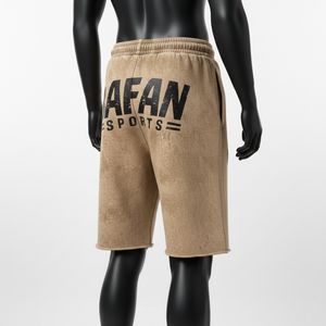 Pantalones cortos de hombre de felpa con lavado ácido, 320 GSM, algodón poliéster, beige arena, bajo sin rematar, con bordado personalizado y logo de parche tejido - Product Image 5