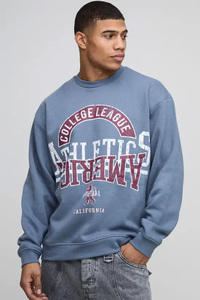 เสื้อสเวตเชิ้ตคอกลมโอเวอร์ไซส์สำหรับผู้ชาย สีน้ำเงิน พิมพ์ลาย College League Athletics สไตล์สตรีทแวร์ ทรงปกติ ผ้าฝ้าย 100% เฟรนช์เทอร์รี่ - Product Image 3