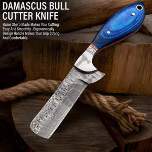 Couteaux de Cowboy faits à la main en acier damas Bull Cutter couteau de survie manche en bois Pakka bleu et gaine en cuir OEM & ODM pris en charge - Product Image 5