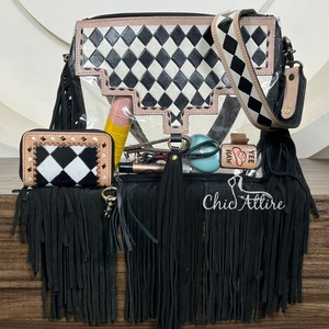 Bolso bandolera con flecos transparentes de PVC occidental de moda y conjunto de monedero con diseño de cuero a cuadros blanco y negro para mujer - Product Image 1