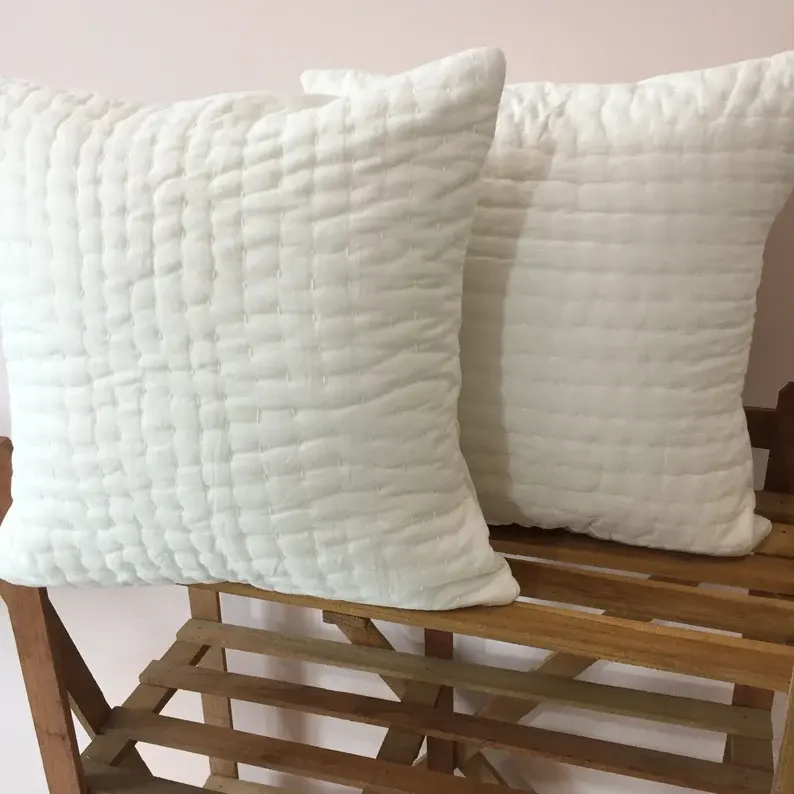 Federa per cuscino Kantha solida fatta a mano in 2 pezzi 40x40cm cotone colore bianco punto a mano Euro Shams cuscino fatto a mano