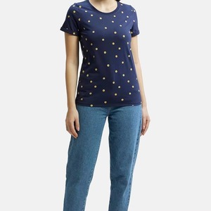 Camiseta de Mujer Azul Marino con Puntos, Cuello Redondo, Manga Corta, Corte Regular, Algodón Jersey, Estilo Casual con Diseño de Rayas - Product Image 5