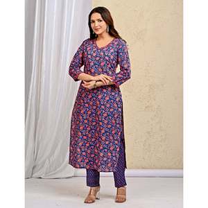 Blue Jaal Hand Drawn <b>Block</b> <b>Printed</b> Cotton Kurta Pant Set Heavy Mulmul Dupatta for Ethnic Party Wear Indian Style Long Length Net - Product Image 3