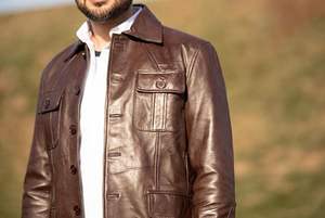 Chaqueta de cuero genuino para hombre Vintage cuatro bolsillos cuello alto cinco botones calidad superior impermeable estilo de calle - Product Image 4