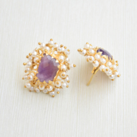 Anting Tusuk Berlapis Emas Kuningan Alami Batu Amethyst Alami Tekstur Matte Geometris Set Bezel Trendi Klasik Fashion