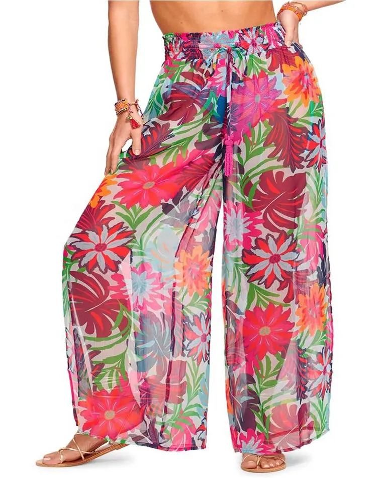 2024 printed chiffon slit Pant women cover ups swimwear beachwear elastic pattern tassel knotting summer swimwear cover-up wrap