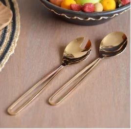 Elegant <b>Top</b> Design Brass Salad Server Spoon & Fork Set with White Enamel Handle for Dining <b>Table</b> Gold Salad Server Sets - Product Image 4