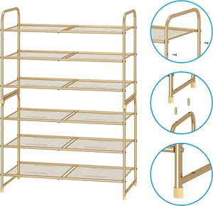 Metal Shoe Rack Adjustable Shoe <b>Shelf</b> Storage Organizer <b>with</b> Versatile <b>Hooks</b> Stackable Boot & Shoe Rack Storage Furniture - Product Image 3