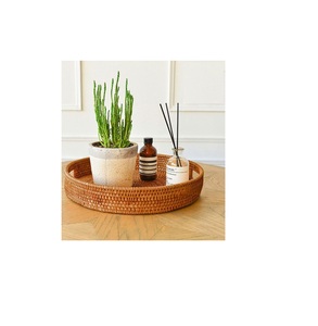 Plateau en rotin de bambou fait main plateau en rotin avec poignée tissé à la main rond haut mur plateaux de séparation des aliments multi-usages - Product Image 2