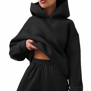 Ensemble 2 pièces à épaules tombantes style urbain, en molleton 100% coton, comprenant un sweat-shirt et un pantalon de jogging, avec sweat-shirts à capuche unis, coupe classique, pour l'hiver - Product Image 2