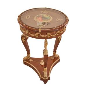 Table d'appoint ronde de luxe avec plateau en verre, incrustation artistique centrale et base en laiton doré ornée d'un cygne, pour la décoration intérieure haut de gamme des palais - Product Image 1