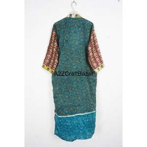 Indian Vintage Patchwork 100% Silk <b>Women's</b> Full-Length Three-Quarter Sleeve V-Neck Drawstring Front <b>Robe</b>-Soft Luxury Elegant - Product Image 5