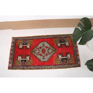 Turkish Vintage Rug 1.7x3.37 ft (52x103 cm), <b>Red</b> <b>Wool</b> Rug - Product Image 3