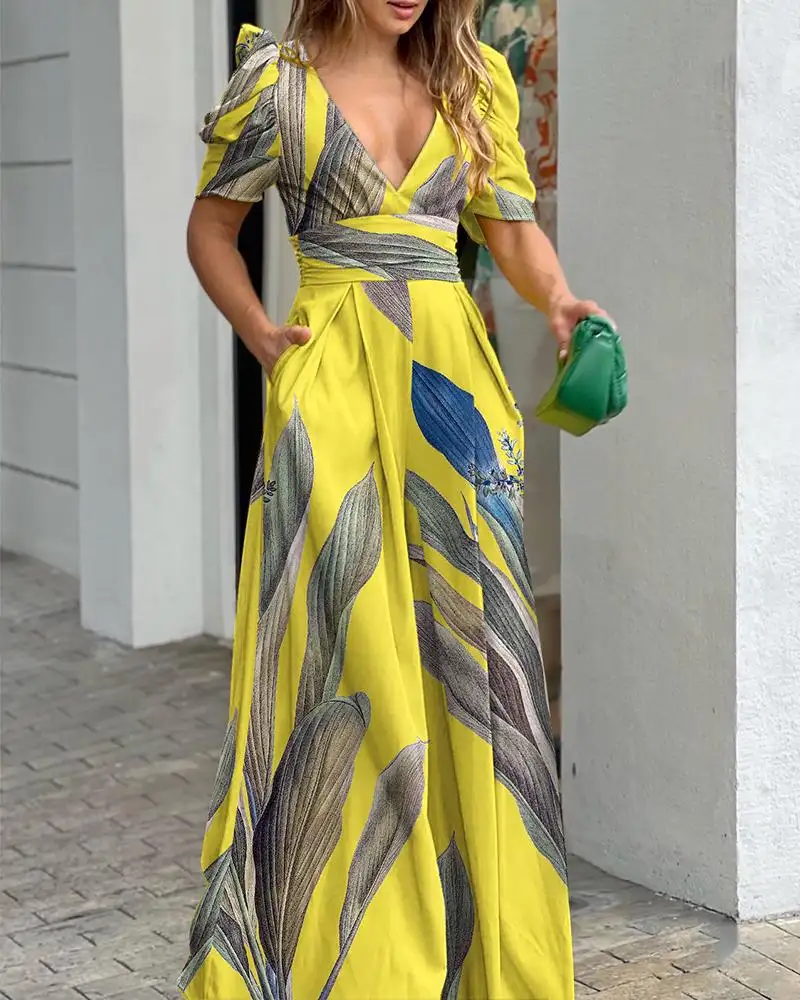 PASUXI individuelles lässiges sexy V-Ausschnitt Polyesterkleid Damenkleidung bedruckt lange Röcke Dame elegante Nachtkleider für Damen