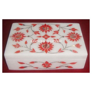 Caja de joyería de embalaje de anillo de último diseño hecha a mano precio al por mayor patrón de incrustaciones de mármol rojo blanco personalizar cajas de diseño - Product Image 1