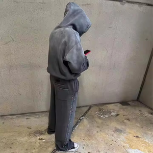 Top Sell Custom Logo Zip up Hoodie Sweat Track Baggy Pant Acid Washed Hoodie Set Full Dtg Print 3D Bordado Parche Chándales - Product Image 4