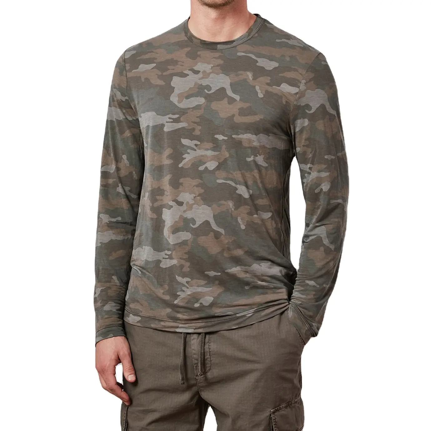 Wholesale OEM Service Men's Long Sleeve Camo T-shirt 100% Cotton Jersey Custom Logo Camouflage Printed T Shirts and Tees for Men