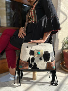 Sac à bandoulière à frange en cuir avec fourrure en cuir, fait à la main, Style Boho, sacs en cuir sculpté et pierre Turquoise, nouveau Style occidental - Product Image 6