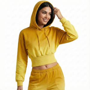 Prix de gros OEM, vêtements de loisirs pour femmes sur mesure, hauts courts à taille haute, sweats à capuche à ourlet large, épaules tombantes, en molleton de coton doux - Product Image 1