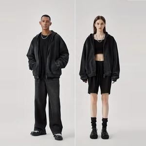 Sudaderas Unisex desgastadas con logotipo bordado con apliques personalizados, sudaderas con capucha de peso pesado y de gran tamaño con cremallera, ropa de calle desteñida por el sol, Sudadera con capucha lavada con ácido - Product Image 1