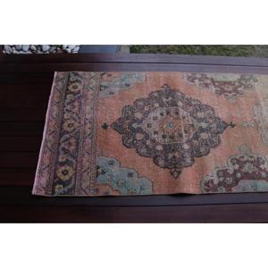 Vintage Rug, 2.6x9.9 ft <b>Runner</b> Turkish Rug, Blue <b>Red</b> Check Rug - Product Image 4