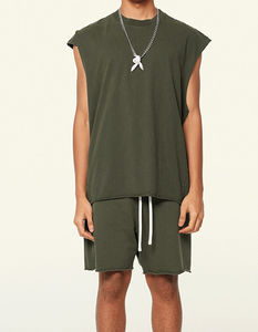 ขายส่งที่กําหนดเองขอบดิบที่ห้ากางเกงวอร์มเสื้อกั๊กว่างเปล่าล้างกีฬากางเกงขาสั้นผ้าฝ้ายชุดเสื้อแขนกุด - Product Image 1